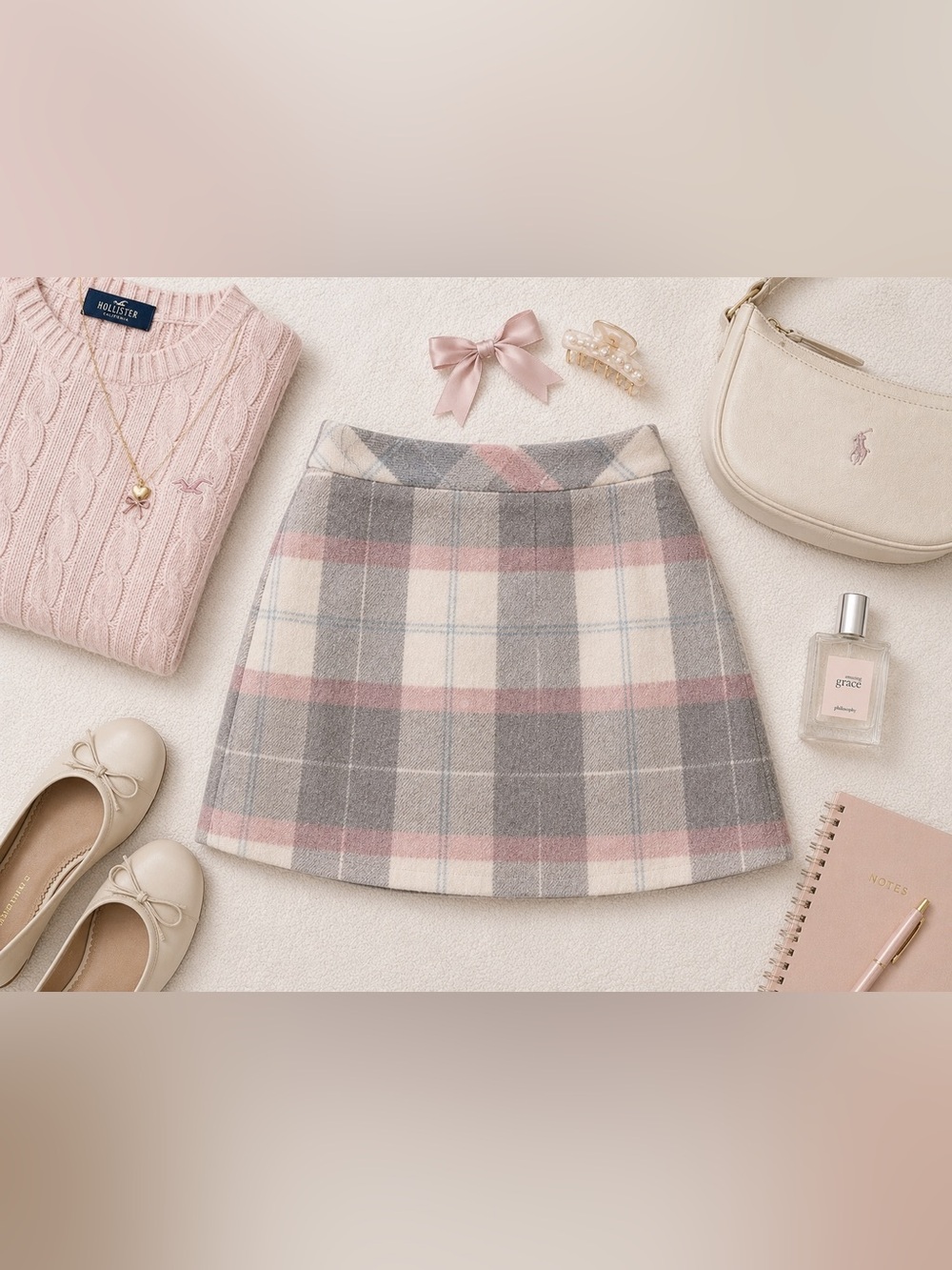Pastel Gray and Pink Plaid Skirt with pockets